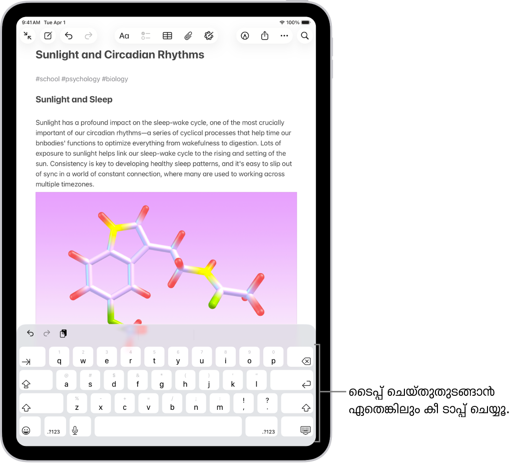 ‘കുറിപ്പുകൾ’ ആപ്പിൽ ഒരു ഡോക്യുമെന്റ് തുറന്നിരിക്കുന്നു. സ്ക്രീനിന്റെ താഴത്തെ പകുതിയിലാണ് ഓൺസ്ക്രീൻ കീബോർഡ്.