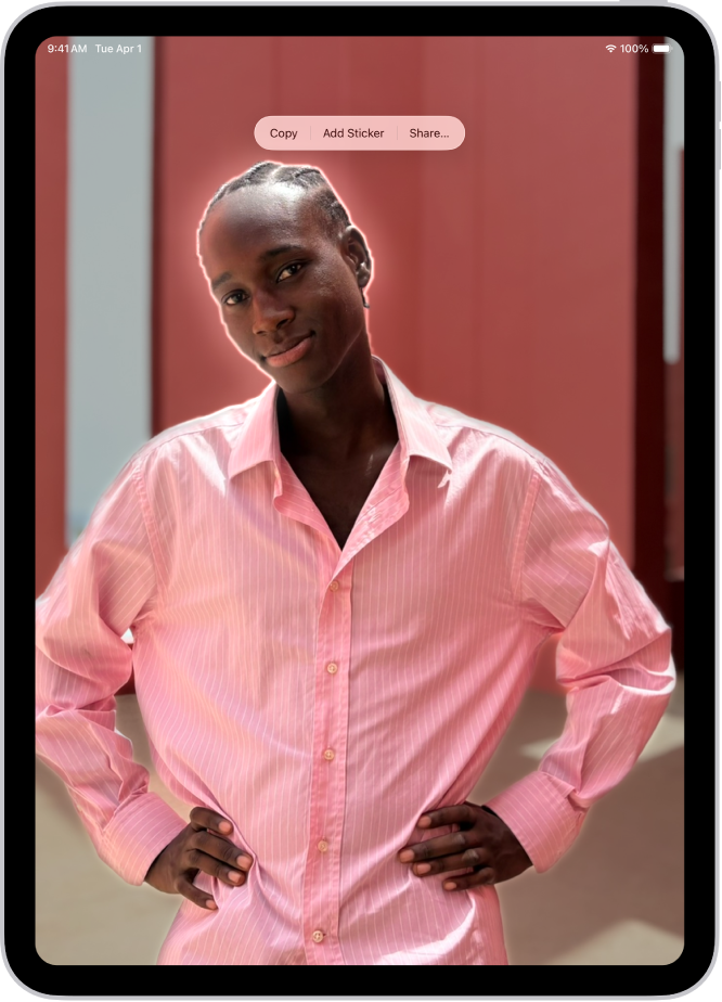 ‘ഫോട്ടോസ്’ ആപ്പ് ലൈബ്രറിയിൽ ഒരു ഫോട്ടോ തുറന്നിരിക്കുന്നു. ഫോട്ടോയുടെ മധ്യഭാഗത്തുള്ള സബ്ജക്റ്റ് ഔട്ട്ലൈൻ ചെയ്യുകയും അതിന് മുകളിൽ കോപ്പി, നോക്കിയെടുക്കൽ, സ്റ്റിക്കർ ചേർക്കൂ, പങ്കിടൂ ബട്ടണുകൾ പ്രത്യക്ഷപ്പെടുകയും ചെയ്യുന്നു.