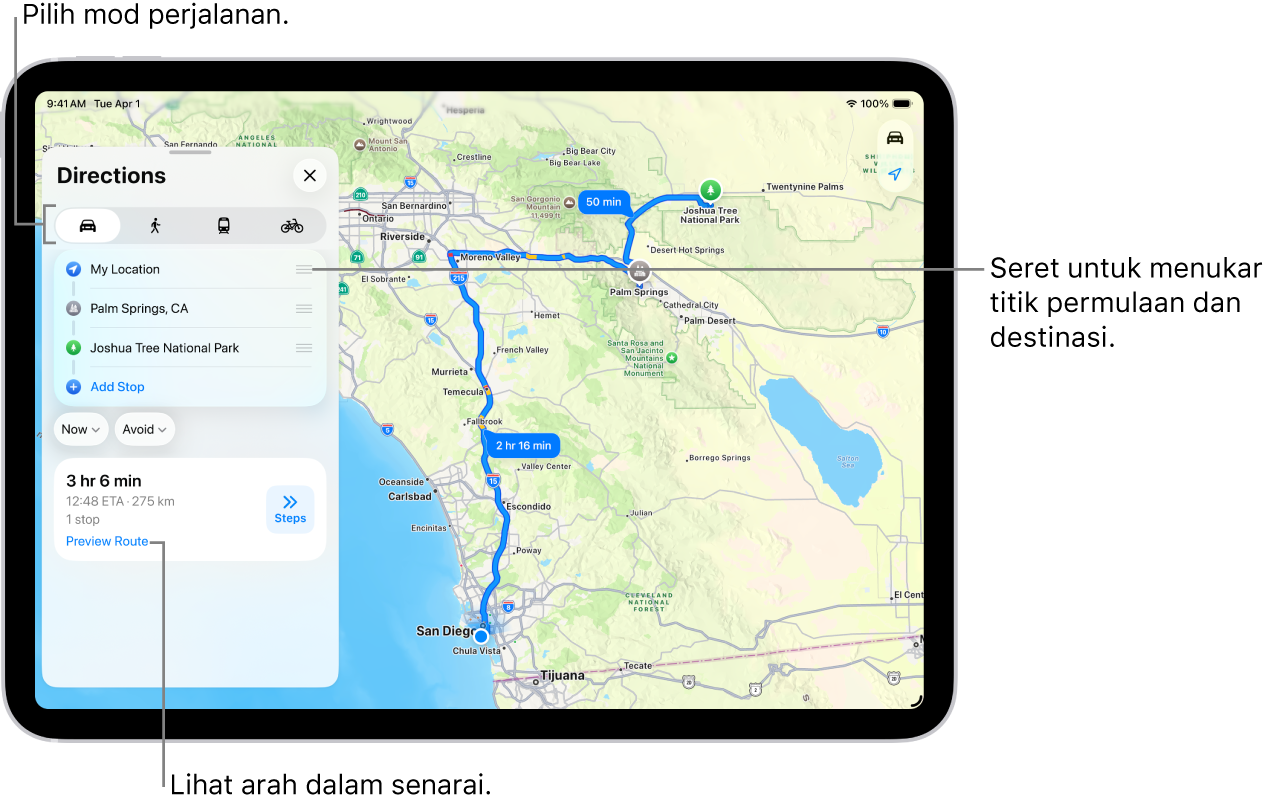 Peta dengan beberapa laluan berkemungkinan untuk arah memandu antara Lokasi Saya dan destinasi.