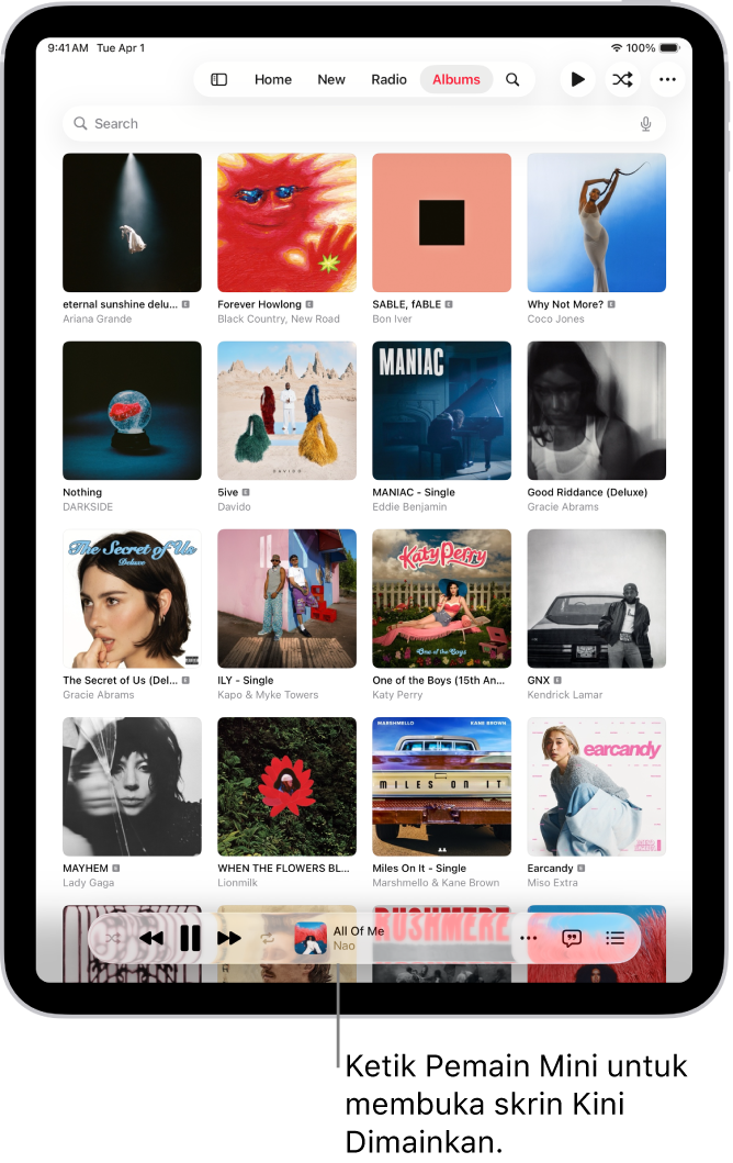 Tab Album, menunjukkan Pemain Mini berdekatan bahagian bawah. Pemain Mini menunjukkan nama lagu yang sedang dimainkan.