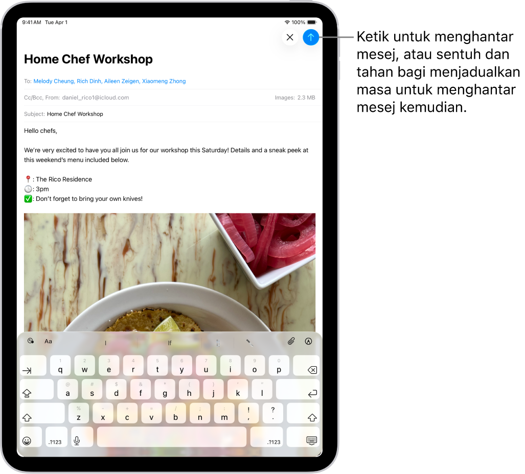 Draf e-mel dibuka dalam app Mail. Butang untuk menghantar mesej di penjuru kanan atas. Ketik untuk menghantar mesej, atau sentuh dan tahan bagi menjadualkan masa untuk menghantarnya kemudian.