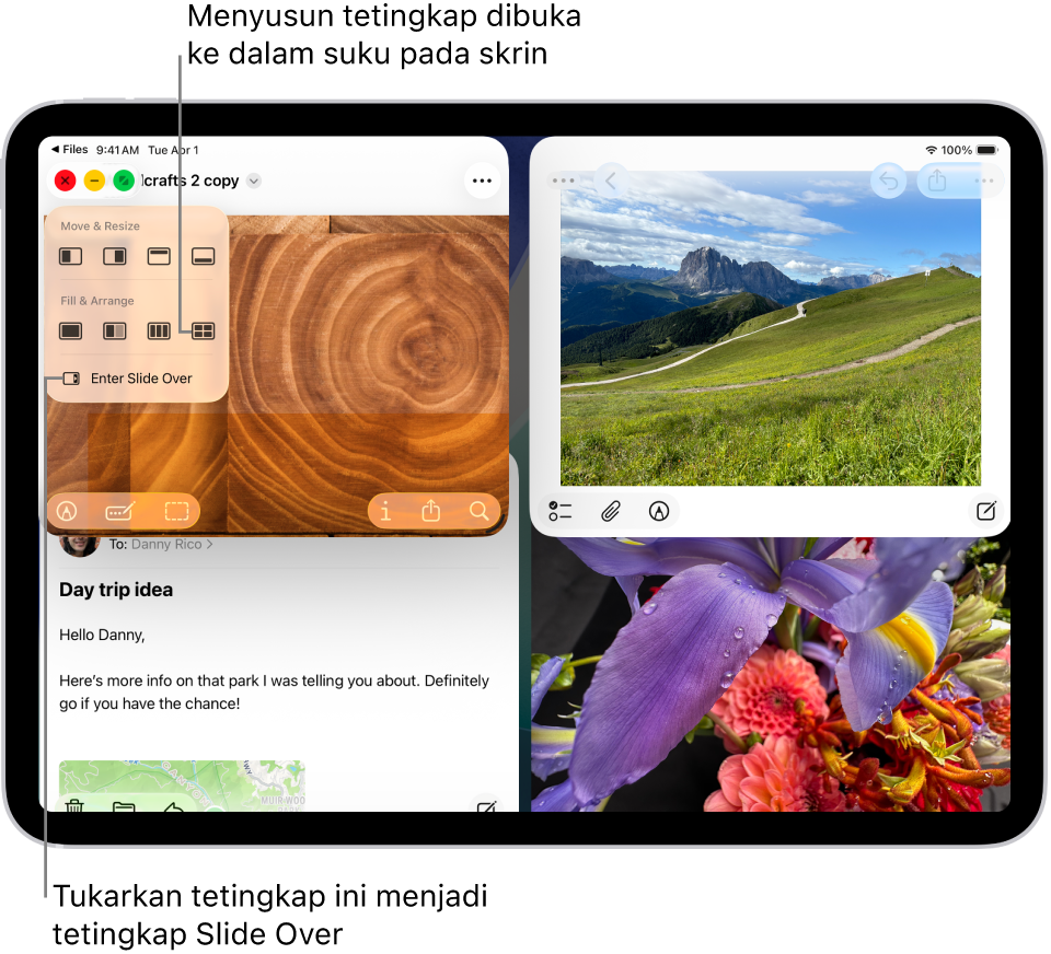 Skrin iPad dengan empat app terbuka dan tataletak tetingkap dipilih yang menyusunnya dalam satu per empat skrin.
