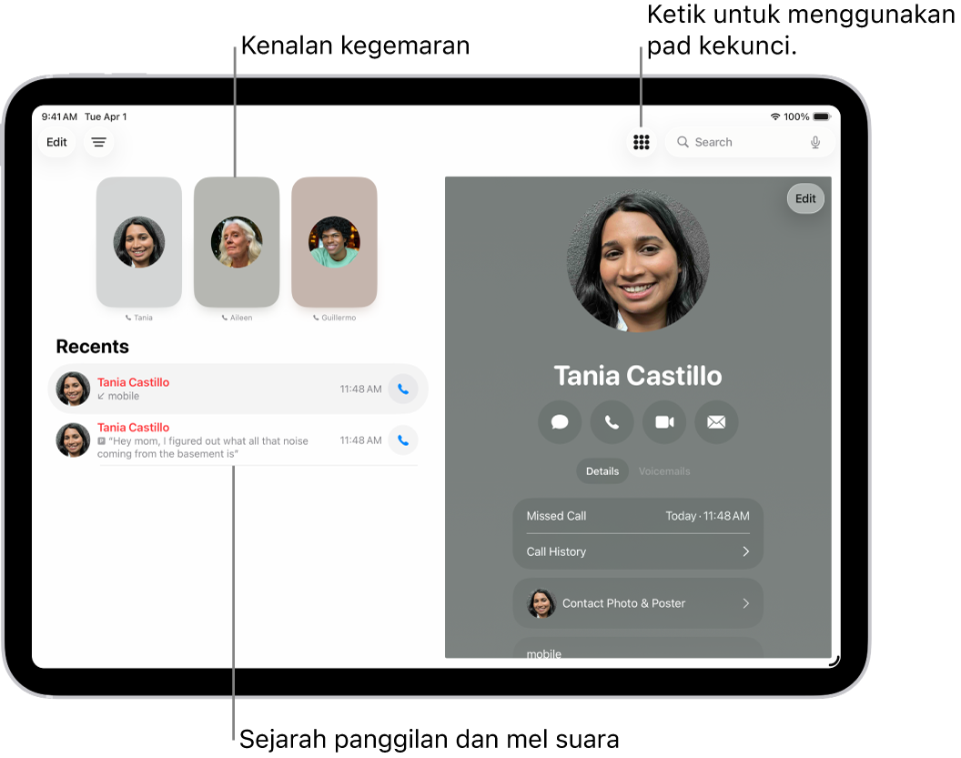 App Telefon, dengan kenalan Kegemaran di sebelah kiri skrin. Di bawah Kegemaran ialah senarai panggilan terbaharu dan mel suara. Maklumat hubungan kelihatan di sebelah kanan skrin, dengan butang Pad Kekunci di bahagian kanan atas skrin.