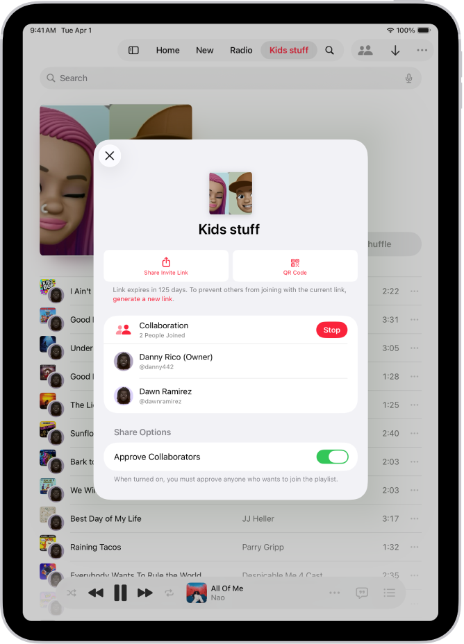 Skrin Urus Kerjasama dalam app Muzik.