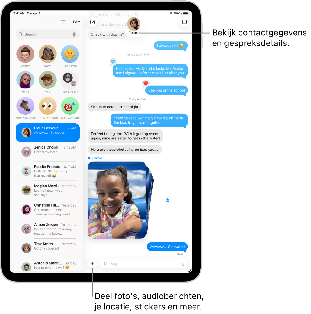 Links de gesprekkenlijst in Berichten en rechts een gesprek. Bovenin kun je op het contactsymbool tikken om de gespreksdetails te openen.
