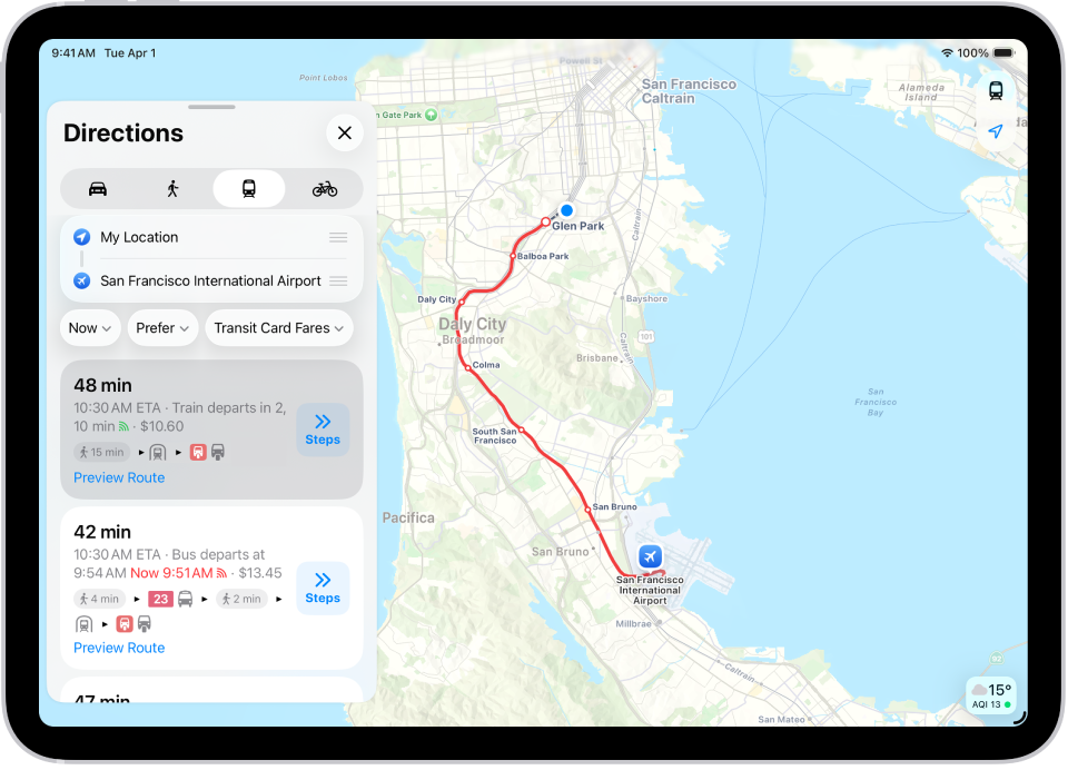 Een kaart met een ov-route. In een routekaart aan de linkerkant zie je Start-knoppen voor diverse mogelijke routes.