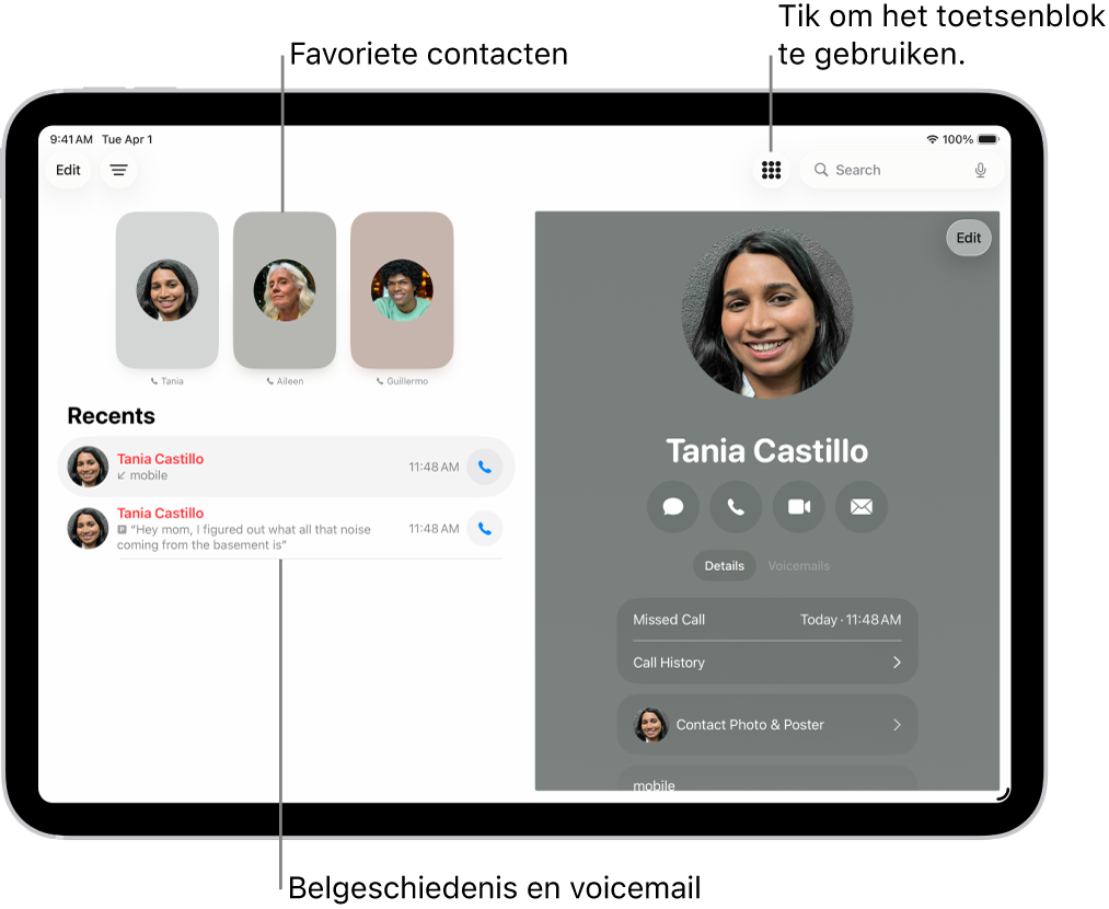De Telefoon-app, met links in het scherm favoriete contactpersonen. Onder de favorieten staat een lijst met recente oproepen en voicemail. De contactgegevens staan aan de rechterkant van het scherm en de toetsenblokknop staat rechtsbovenin.