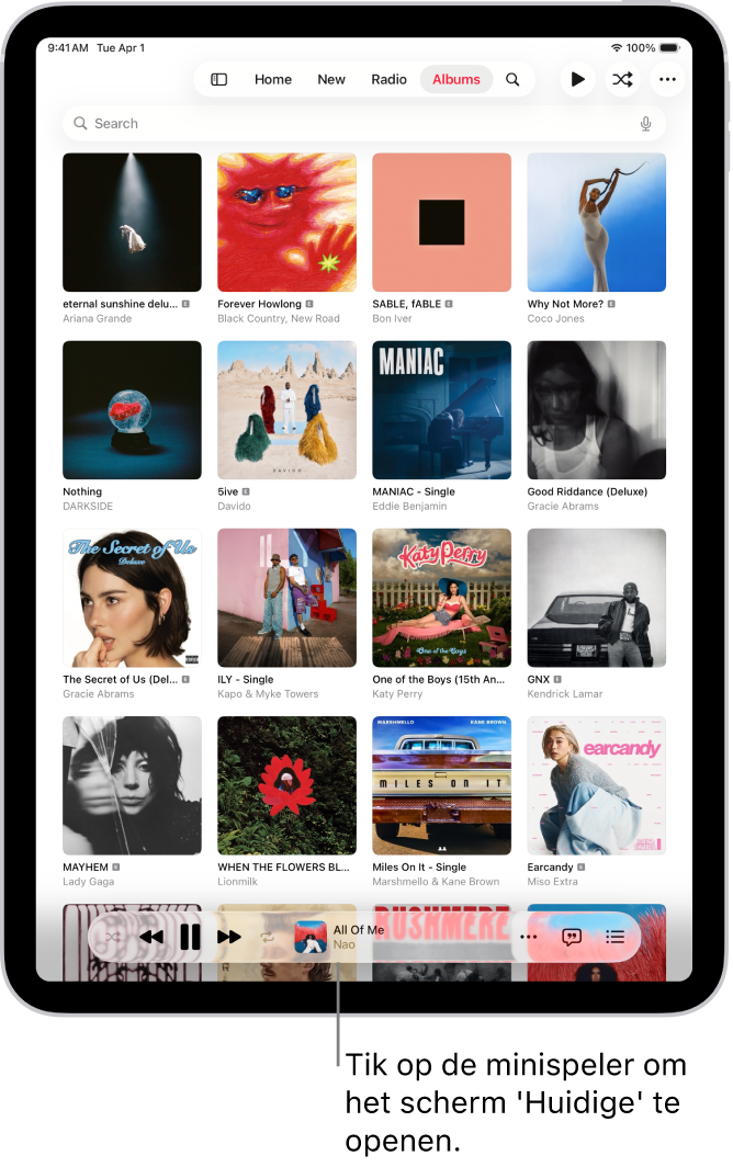 Het tabblad 'Albums', met onderaan de minispeler. De minispeler toont de titel van het nummer dat wordt afgespeeld.