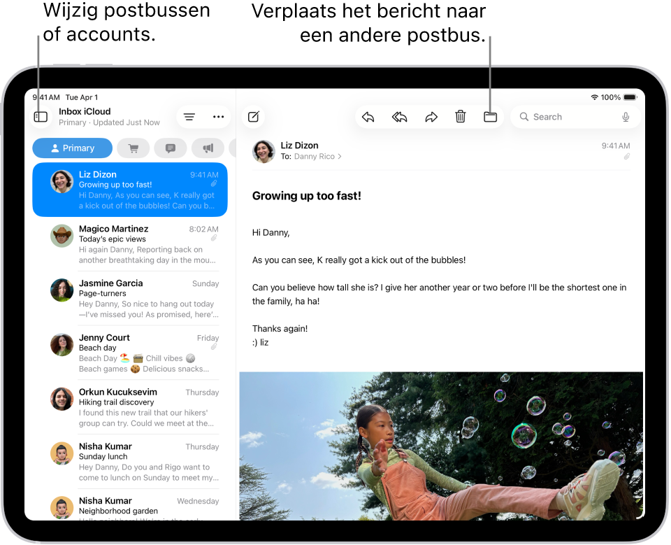 De postbus 'Inkomend' van Mail, met links een lijst met e‑mails en rechts een geopend bericht.