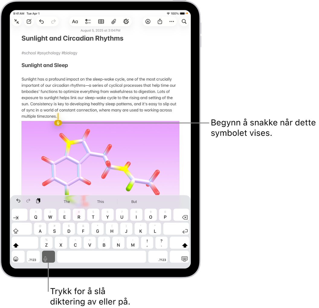 Skjermtastaturet er åpent i Notater-appen. Diktering-knappen nederst på skjermen er markert, og Tastatur-knappen vises under innsettingspunktet i tekstfeltet.