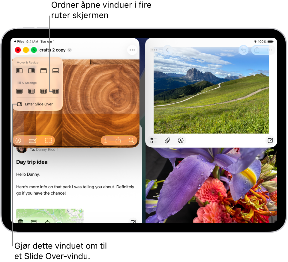 En iPad-skjerm med fire åpne apper og en markert vinduslayout som organiserer dem i fire like store ruter.