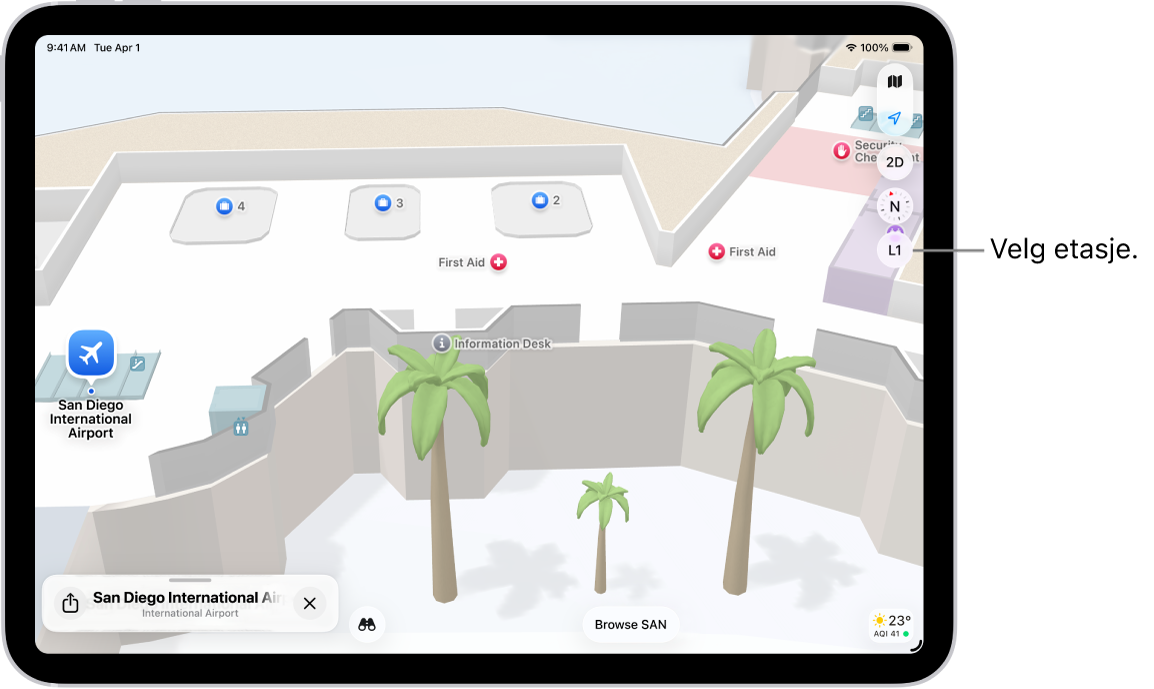 Et innendørskart over en flyplassterminal. Kartet viser en gate, et toalett, en sikkerhetskontroll og førstehjelp. Du kan endre etasje i kart med flere etasjer ved hjelp av knappen merket L2 (for Level 2).