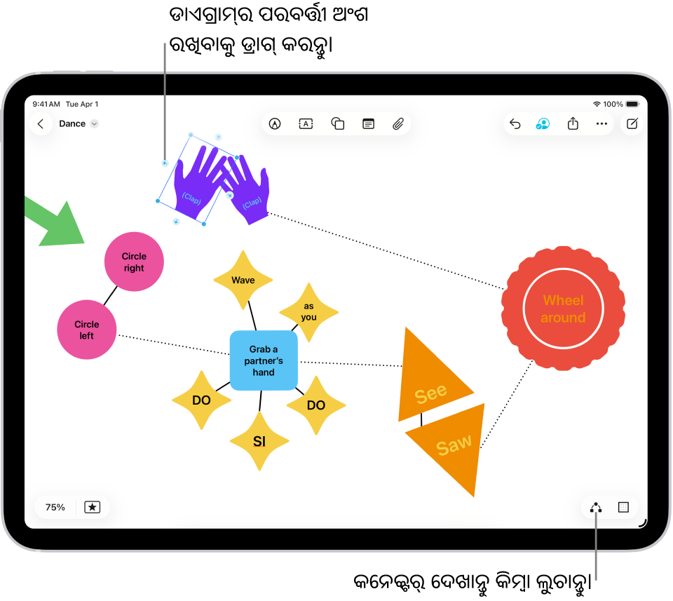 ଚୟନିତ ଆକୃତିରେ କନେକ୍ଟର୍ଗୁଡ଼ିକ ଦେଖାଉଥିବା ଏକ Freeform ବୋର୍ଡ୍ରେ ଏକ ଡାଏଗ୍ରାମ୍।
