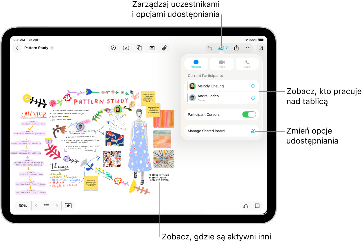 Udostępniana tablica friform na iPadzie z otwartym menu współpracy. Miejsca, w których inni uczestnicy pracują na tablicy, są oznaczone kolorami.