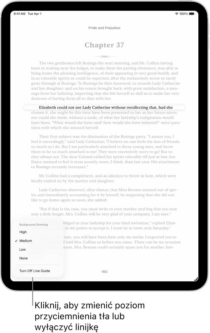 Strona książki w aplikacji Książki. Pojedynczy wiersz tekstu jest wyróżniony, a reszta strony jest wygaszona. W lewym dolnym rogu ekranu znajduje się przycisk Menu linijki.
