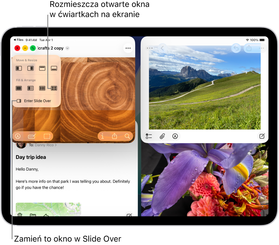 Ekran iPada z czterema aplikacjami. Wybrany układ okien układa je w czterech rogach.