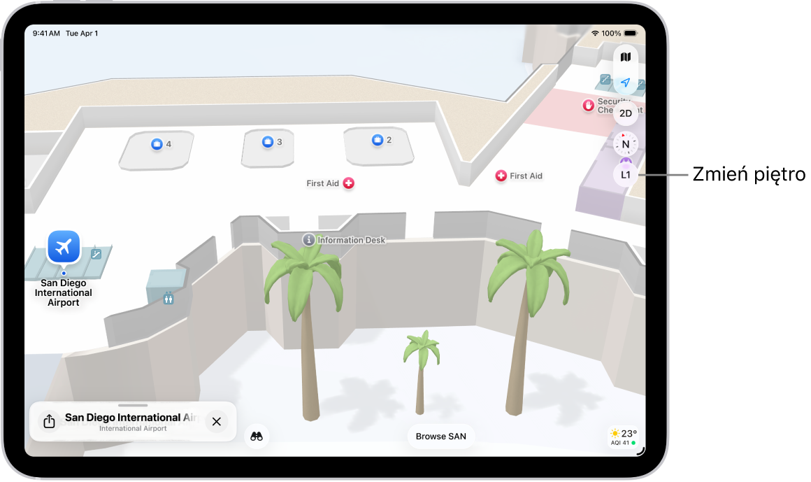 Mapa wnętrza terminalu lotniska. Mapa przedstawia bramkę, toaletę, punkt kontroli bezpieczeństwa oraz punkt pierwszej pomocy. Przycisk z oznaczeniem L2 pozwala zmieniać wyświetlane piętra w przypadku map obejmujących obiekty wielopiętrowe.