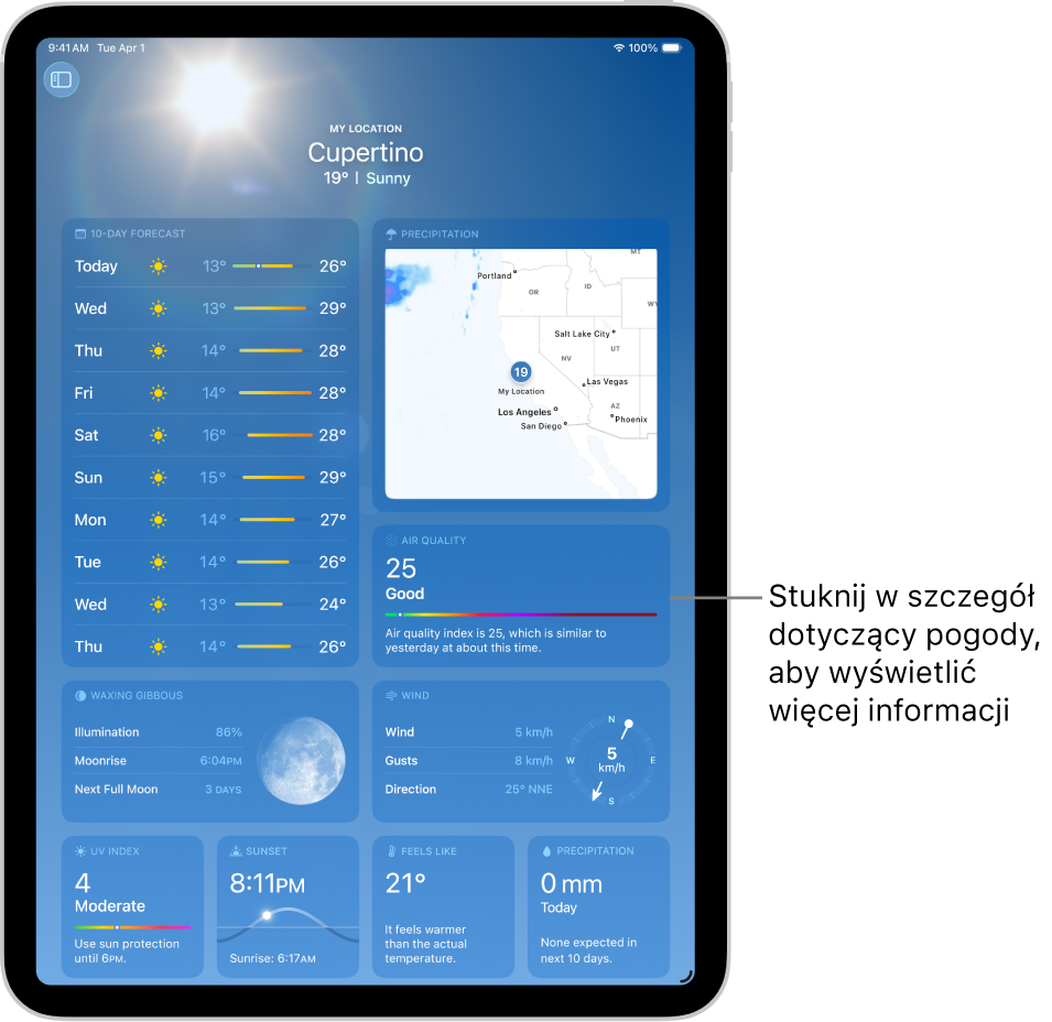 Ekran aplikacji Pogoda. Na górze widoczna jest nazwa miejsca, a pod nią bieżąca temperatura i warunki pogodowe. Pozostała część ekranu zawiera szczegóły dotyczące pogody, w tym indeks UV, wiatr oraz opady.