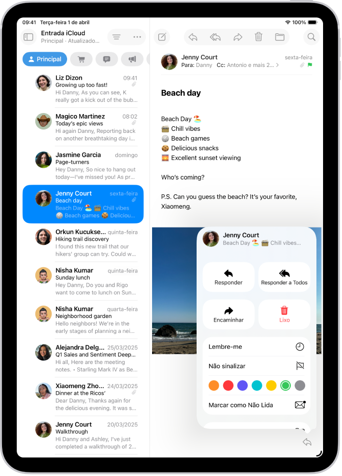 Um e-mail aberto. O menu com opções para adicionar ou remover uma sinalização é mostrado à direita.