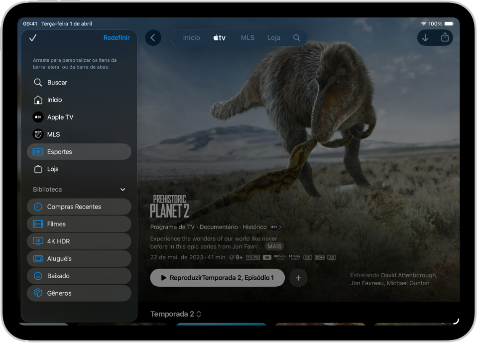 iPad mostrando opções para editar a barra de abas na parte superior da tela.
