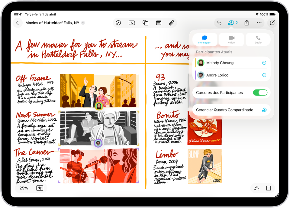 Um quadro do Freeform com mais duas pessoas participantes, cujas seleções aparecem indicadas por tiques coloridos.