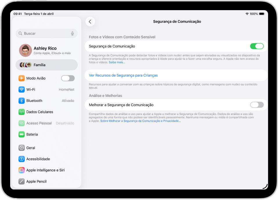 Tela Segurança de Comunicação para uma criança de uma família mostrando a opção Segurança de Comunicação ativada.