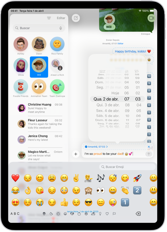Uma conversa do app Mensagens com uma mensagem agendada para envio posterior.