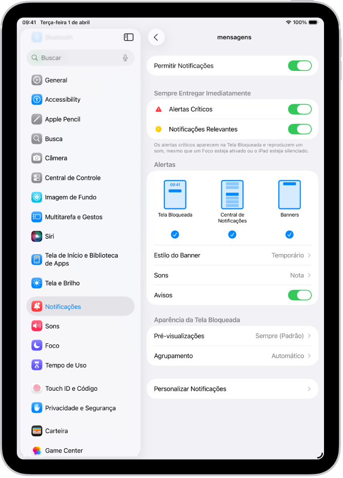 Ajustes de Notificações do app Mensagens nos Ajustes.
