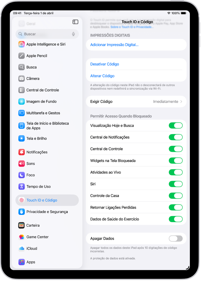 Os ajustes de Face ID e Código, com opções para permitir o acesso a recursos específicos quando o iPad está bloqueado.