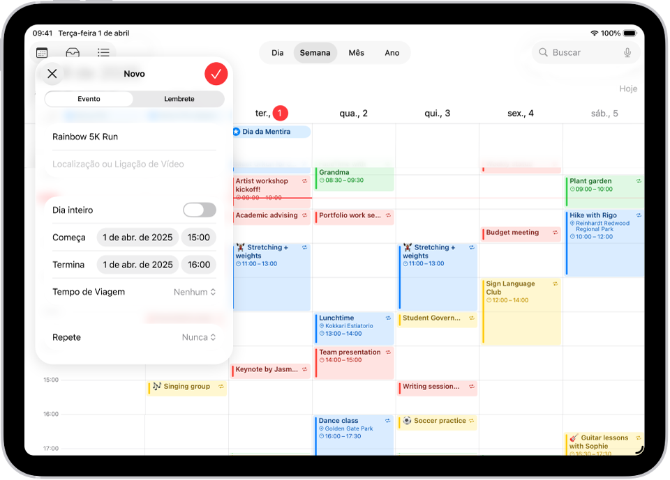 Calendário na visualização semanal, mostrando a janela de criação de evento.
