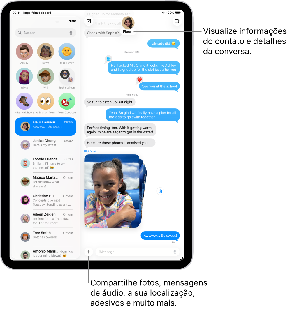 Uma lista de conversas do app Mensagens à esquerda e uma transcrição de conversa à direita. Na parte superior, tocar no ícone do contato abre os detalhes da conversa.