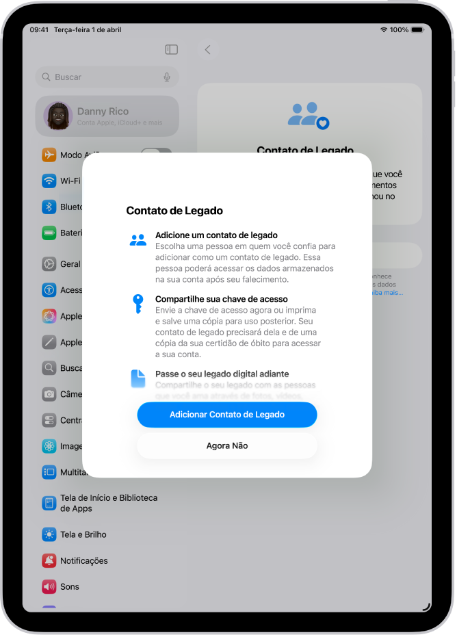 A tela de Contato de Legado com informações sobre esse recurso. O botão Adicionar Contato de Legado está na parte inferior.