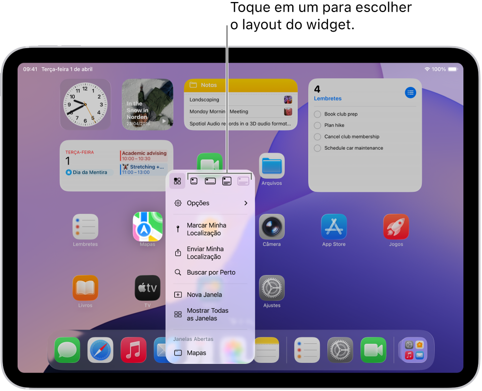 Tela de Início mostrando o menu pop-up de um app sendo usado para transformar o ícone de um app em um widget para o app.