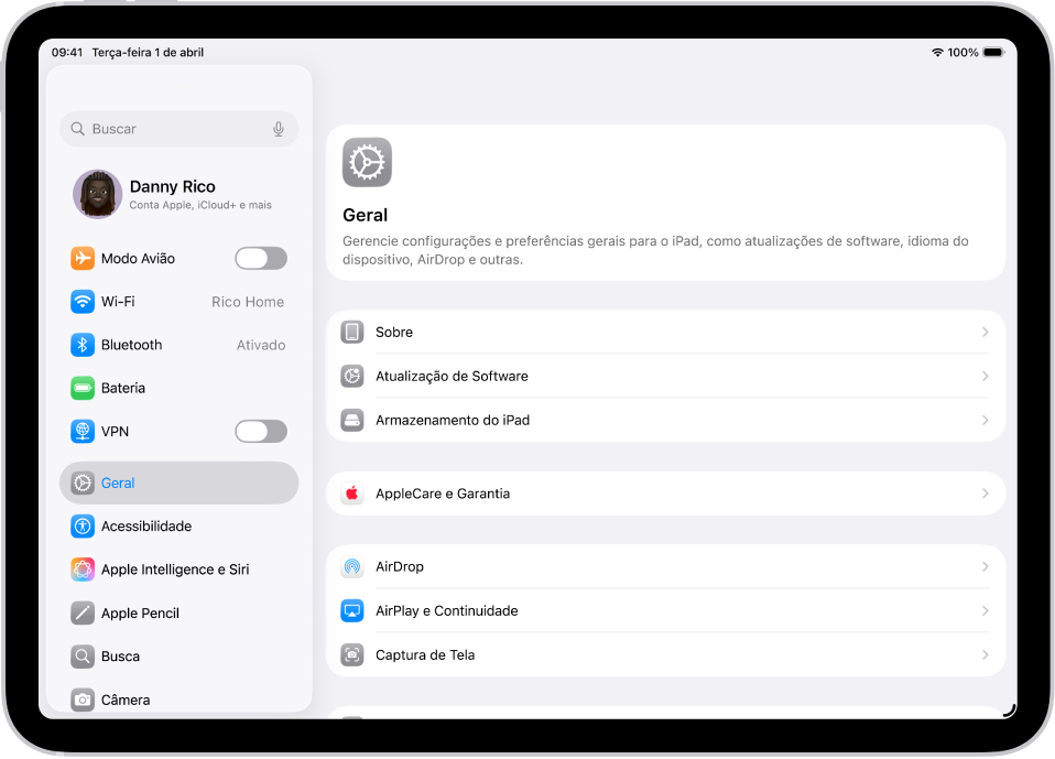 Tela de Início do iPad com vários ícones de apps, incluindo o ícone do app Ajustes, o qual você pode tocar para alterar o volume do som, o brilho da tela e outros ajustes do iPad.
