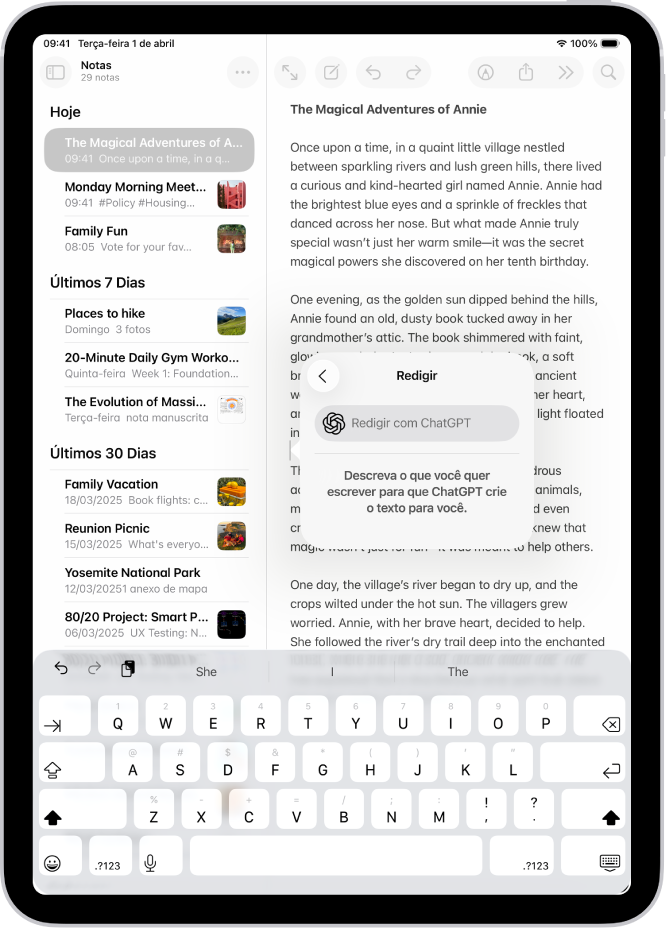 Um iPad mostrando um artigo sendo escrito no app Notas. Na parte direita da tela, o diálogo Redigir com as Ferramentas de Escrita, que incluem opções para descrever uma alteração, escolher sugestões do ChatGPT e muito mais.