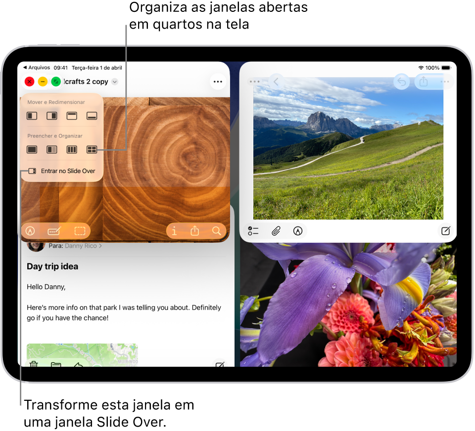 Tela do iPad com quatro apps abertos e um layout de janelas selecionado que as organiza em quartos.