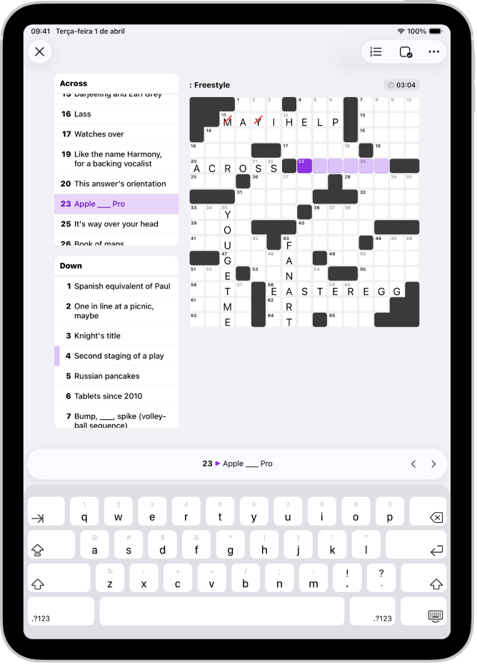 Um puzzle de palavras cruzadas parcialmente preenchido, com dicas do lado esquerdo.