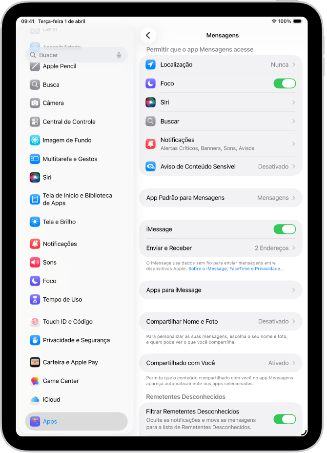 Painel de ajustes do app Mensagens com o iMessage ativado.