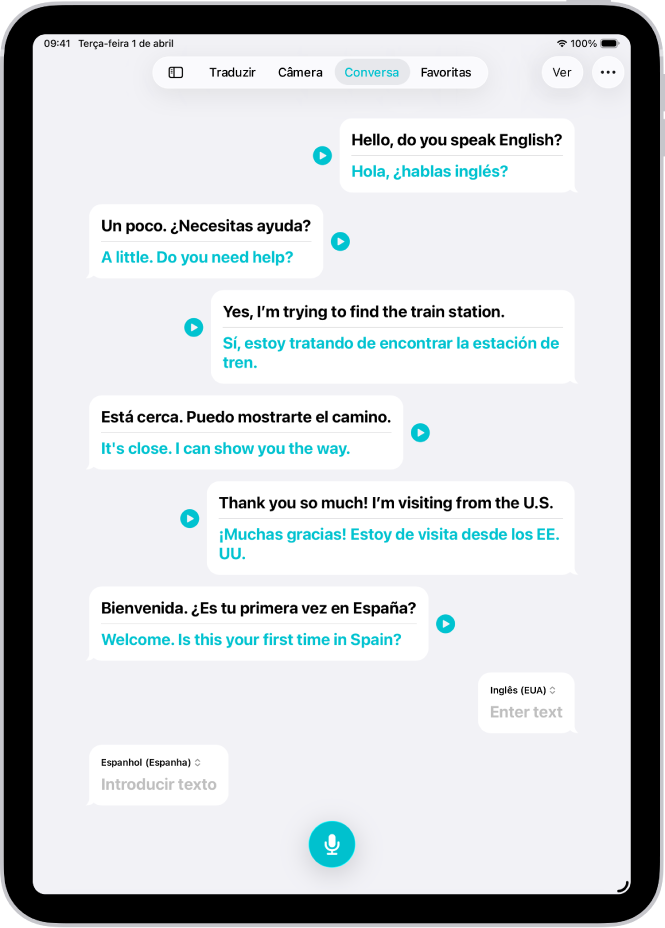 Aba Conversa, mostrando balões de fala e suas traduções.