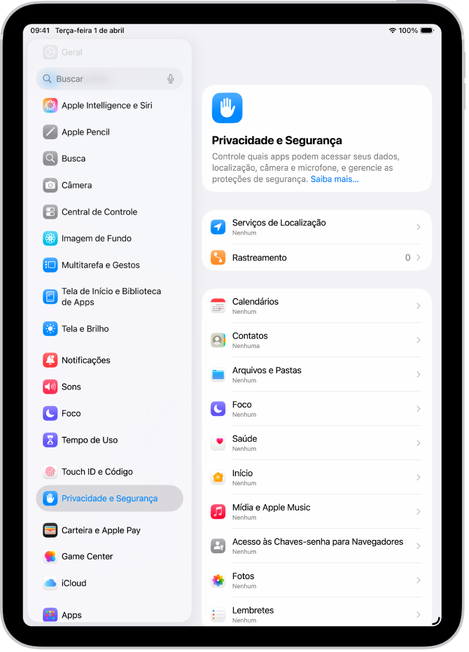A tela “Privacidade e Segurança” com ajustes para “Serviços de Localização” e Rastreamento, e ajustes para controlar quais apps podem acessar dados.