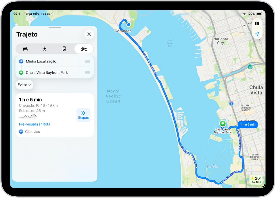 Um mapa mostrando várias rotas de bicicleta em uma lista, cada uma com um botão Passos.