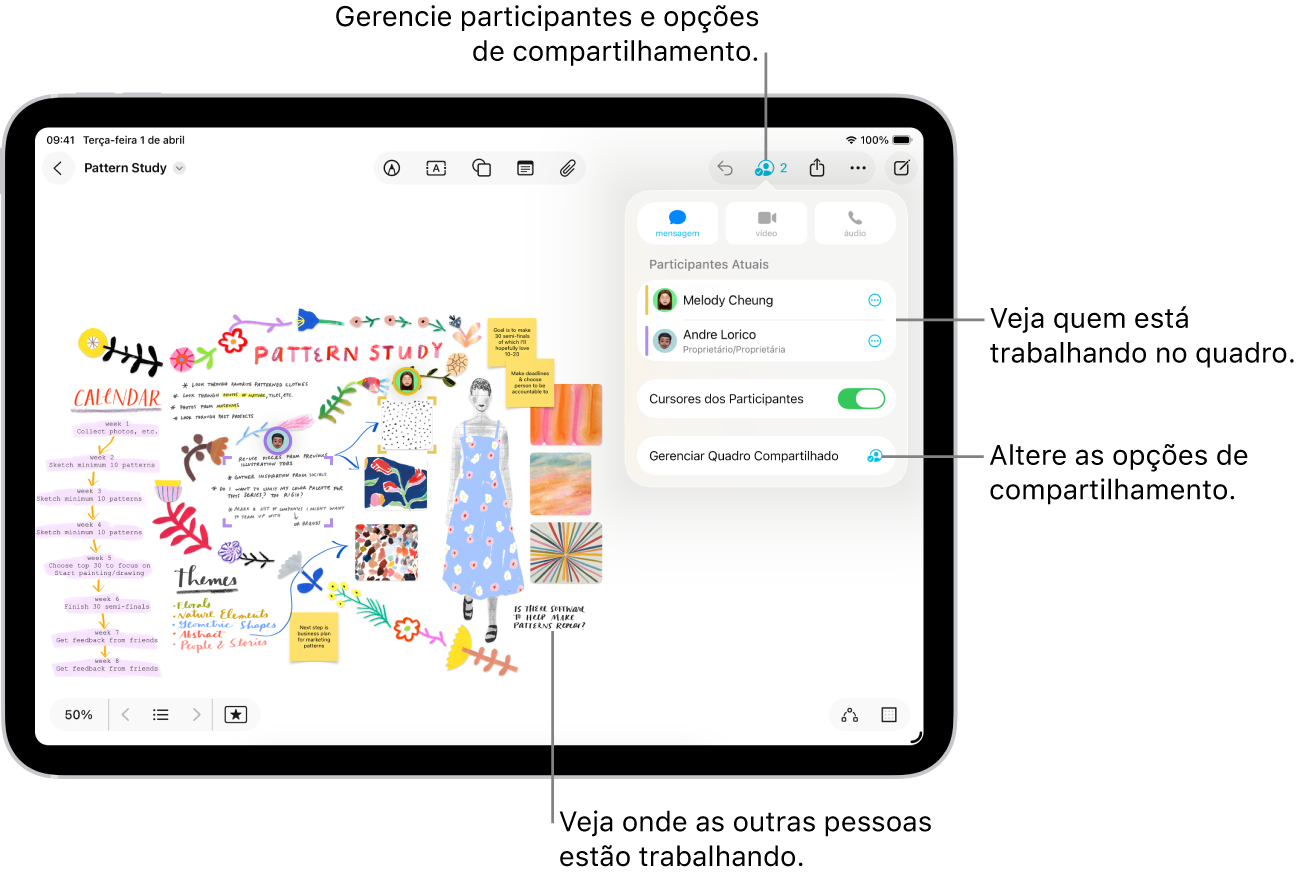Um quadro compartilhado do Freeform no iPad com o menu de colaboração aberto e a localização dos outros participantes do quadro marcada com tiques coloridos.