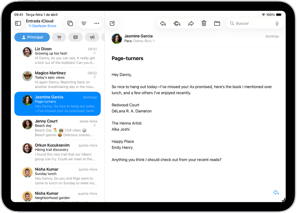 Caixa de Entrada do Mail com a lista de mensagens à esquerda e uma mensagem aberta à direita. O botão Desfazer Envio (para trazer de volta uma mensagem recém-enviada) está na parte inferior da lista de mensagens.