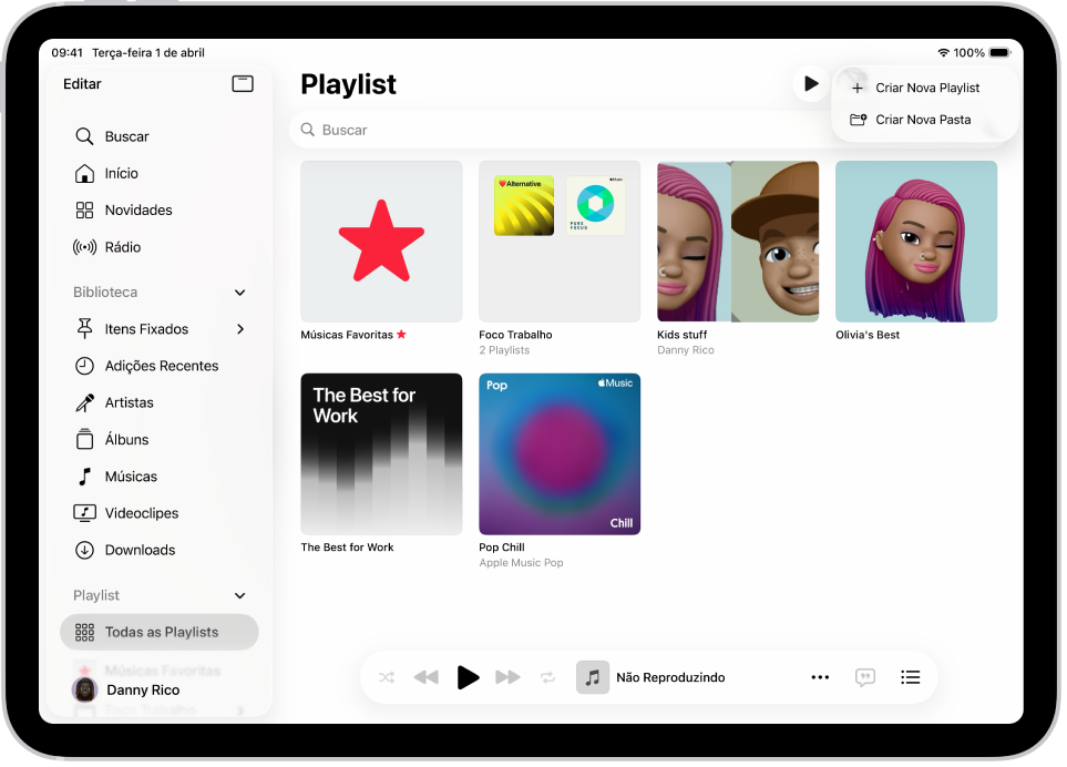 Aba Playlists, mostrando a barra lateral na esquerda e a lista de playlists na direita. Na parte superior estão os botões para criar uma nova playlist ou criar uma nova pasta.