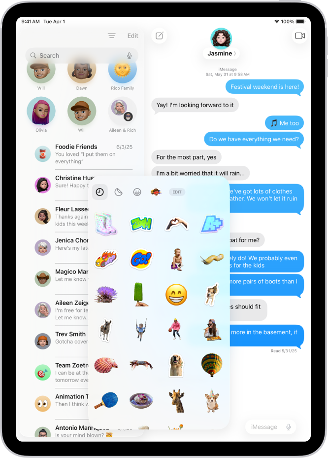 Stickers usados recentemente na aplicação Mensagens. Cada botão ao longo da parte superior do cartão abre um conjunto de stickers.