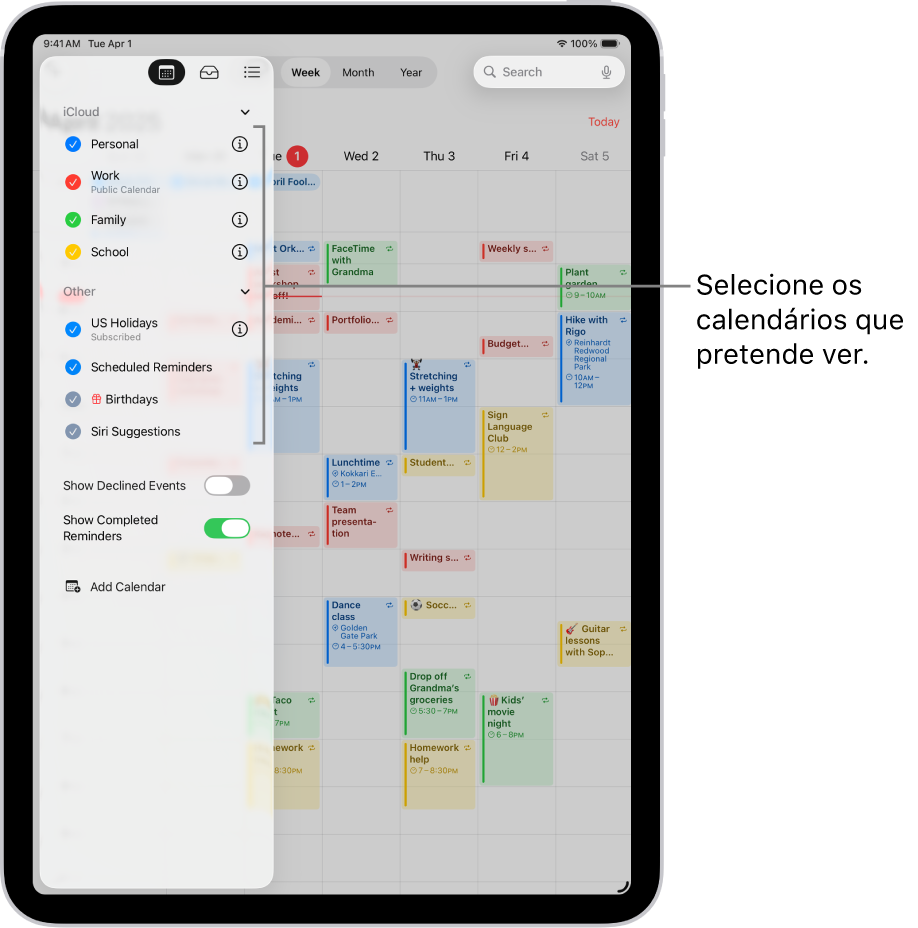 A lista de calendários com vistos, indicando os calendários ativos. No canto superior direito está o botão OK para fechar a lista. No canto inferior esquerdo, está o botão “Adicionar calendário”.