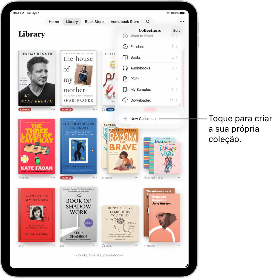 O ecrã Biblioteca na aplicação Livros. O menu Coleções está aberto na parte superior do ecrã e mostra opções, como “Audiolivros” e “PDF”.