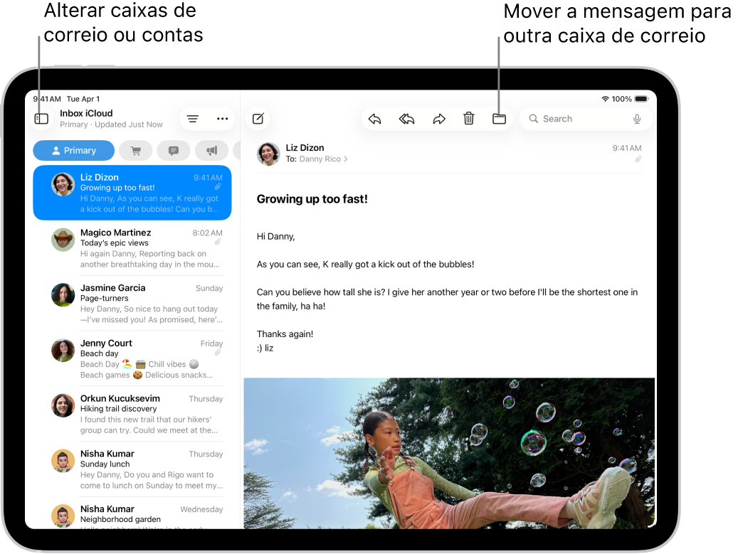 A caixa de correio recebido do Mail com uma lista de e‑mails à esquerda e um e-mail aberto à direita.
