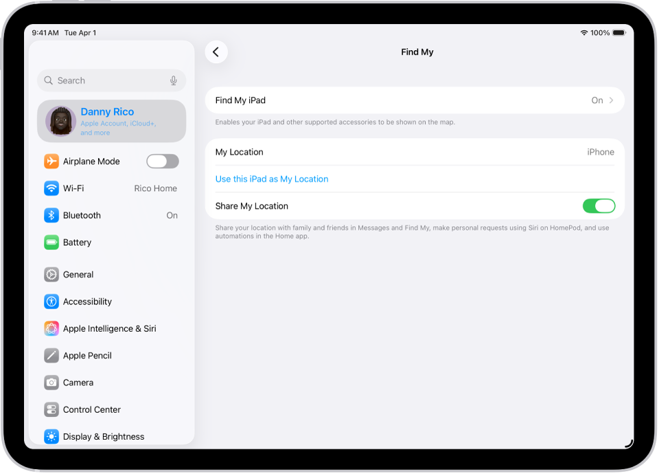 Um ecrã a mostrar as definições da aplicação Encontrar com opções para ativar “Encontrar iPad” e “Partilhar localização”.