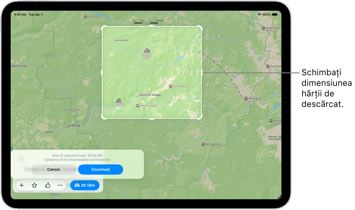 Un iPad cu harta unui parc național. Parcul este încadrat de un dreptunghi cu mânere, care pot fi mutate pentru a schimba dimensiunea hărții de descărcat. Dimensiunea de descărcare a hărții selectate este indicată în apropierea părții de jos a hărții. Butoanele Anulați și Descărcați se află în partea de jos a ecranului.